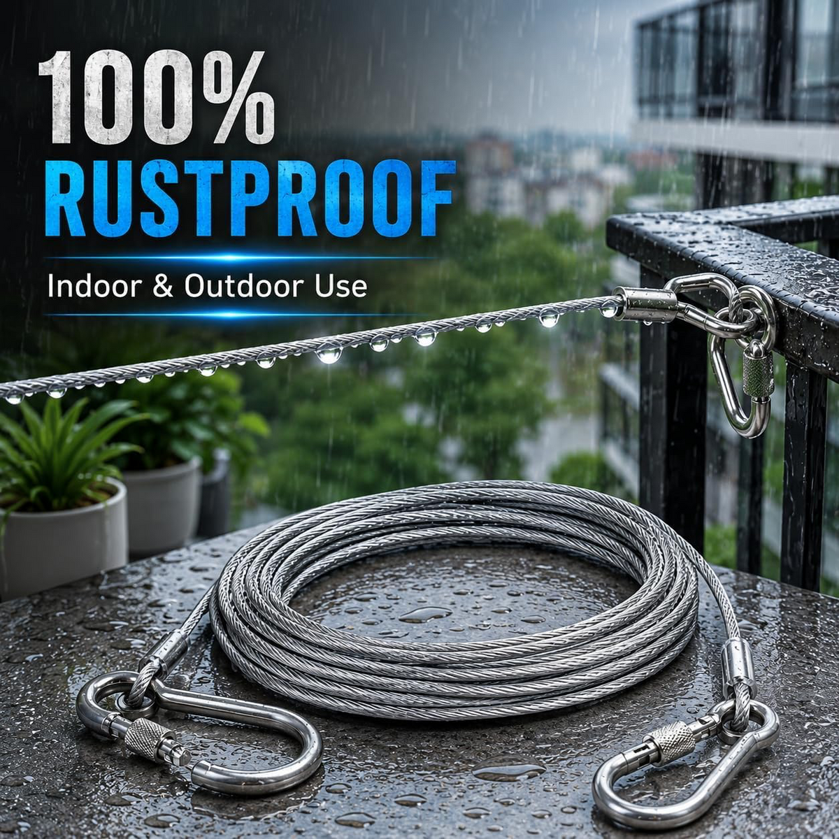 Stainless Steel Wire Rope Clothesline 5 Meter with Metal Hooks